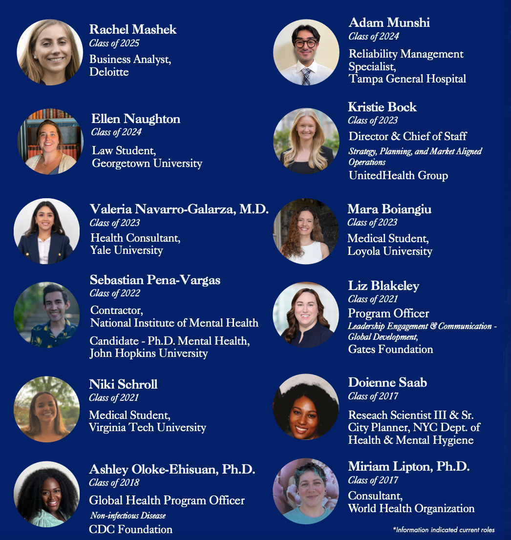 Photos, class year, and current employment or education roles